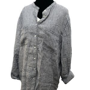 Lands' End Women's Linen Blend Striped Band Collar Tunic Top Roll Sleeve Large